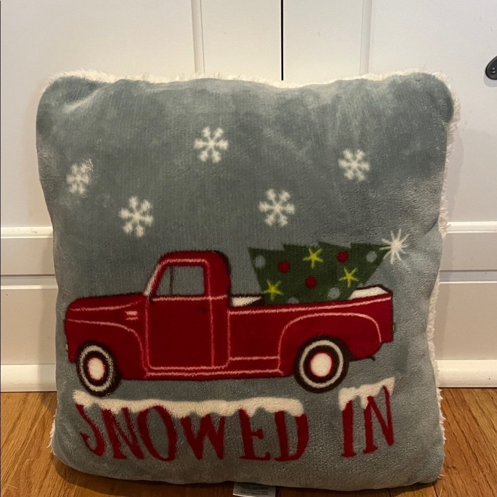 Snowy Red Truck Holiday Pillow by